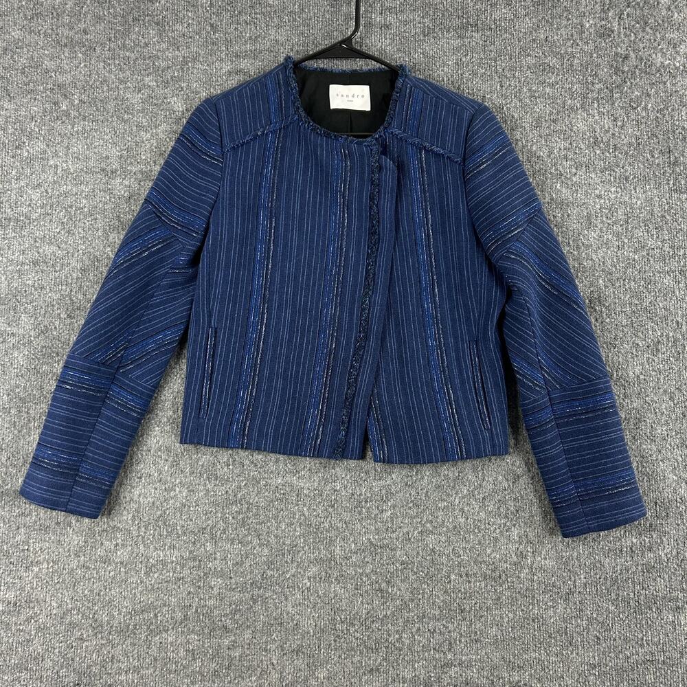 Sandro Blazer 38  Egyptien Blue Blucy Asymmetrical Tweed Fringe Crop Jacket Blue - Picture 4 of 16